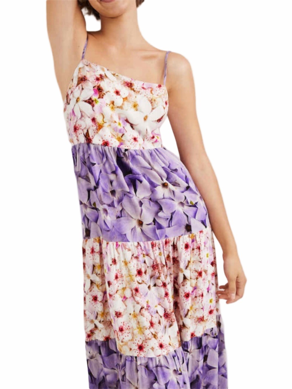 Desigual Estrella linen blend purple white floral tiered summer maxi dress S